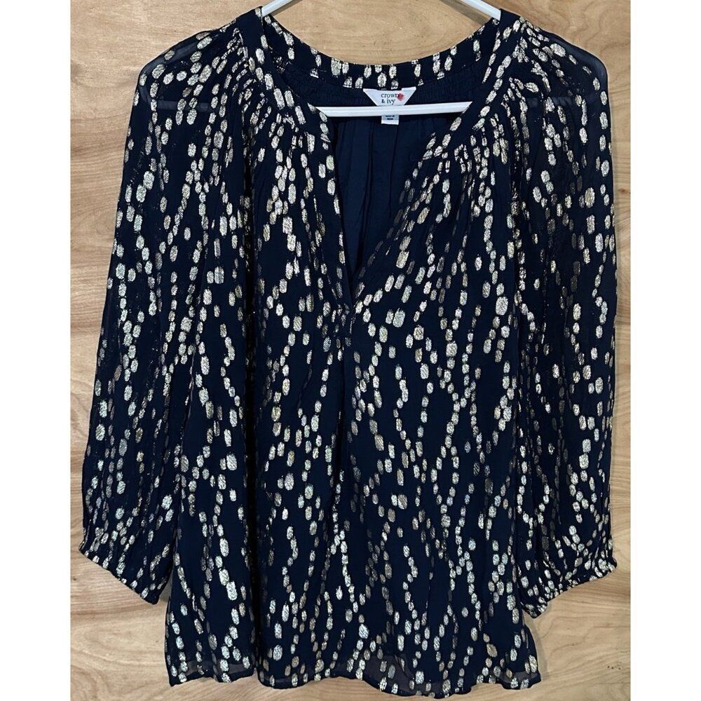 Crown & Ivy Womans Large Metallic Blouse Blue Gold Long Sleeve